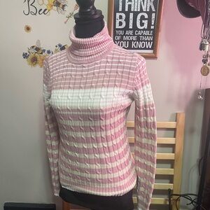 liz & co Sweater Size Medium Pink Stripe Cable Knit Turtleneck Long Sleve